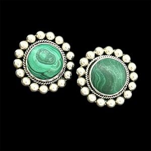 Vintage Taxco Mexico Sterling silver malachite clip on earrings